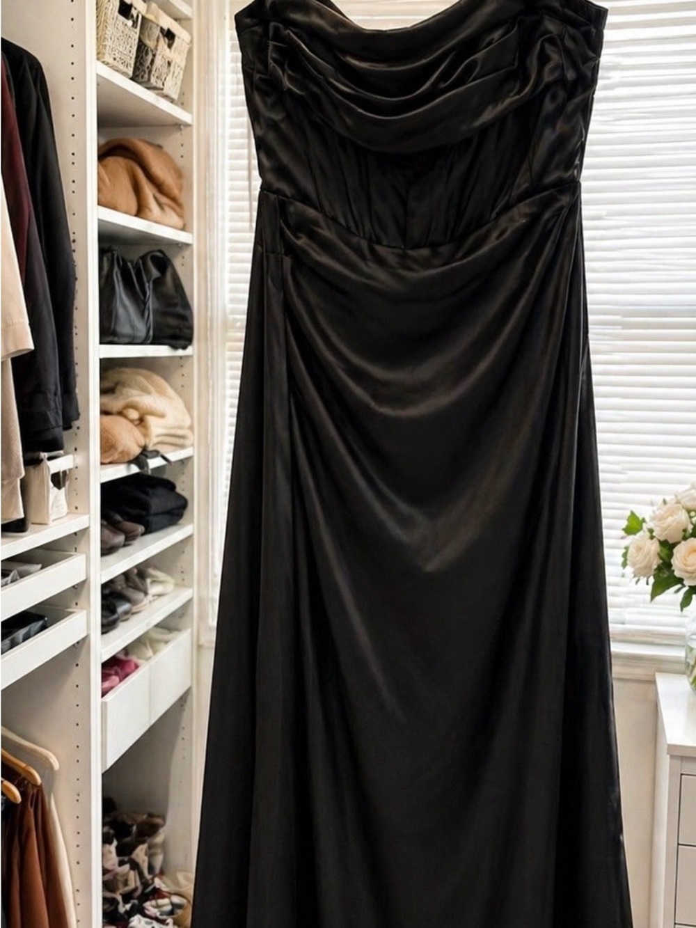 Azazie Black Strapless Satin Evening Gown